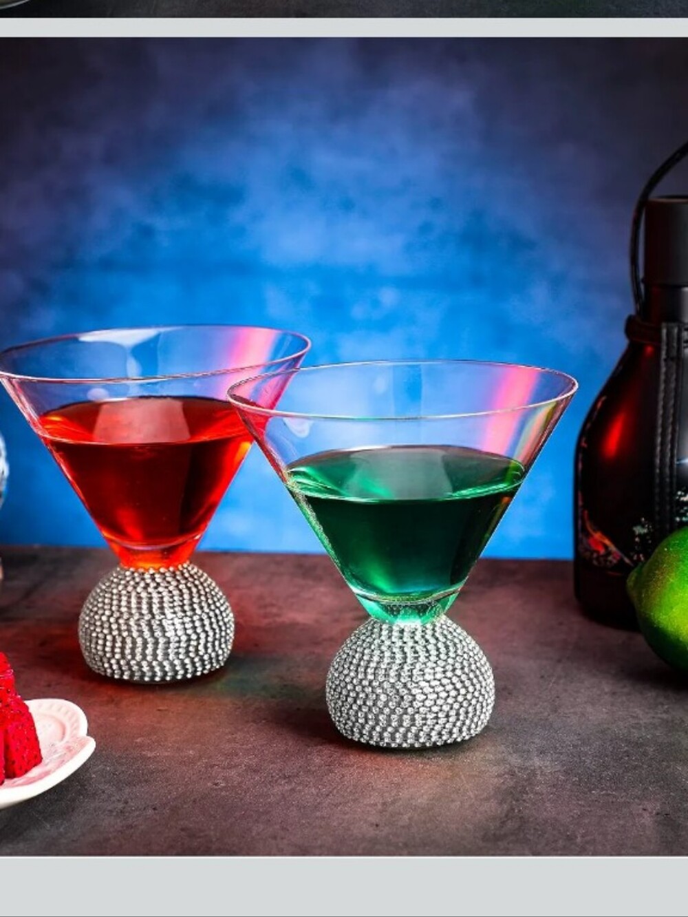 Crystal Base Martini Glasses - Diamond Studded Silver Base, Clear Glasses Set